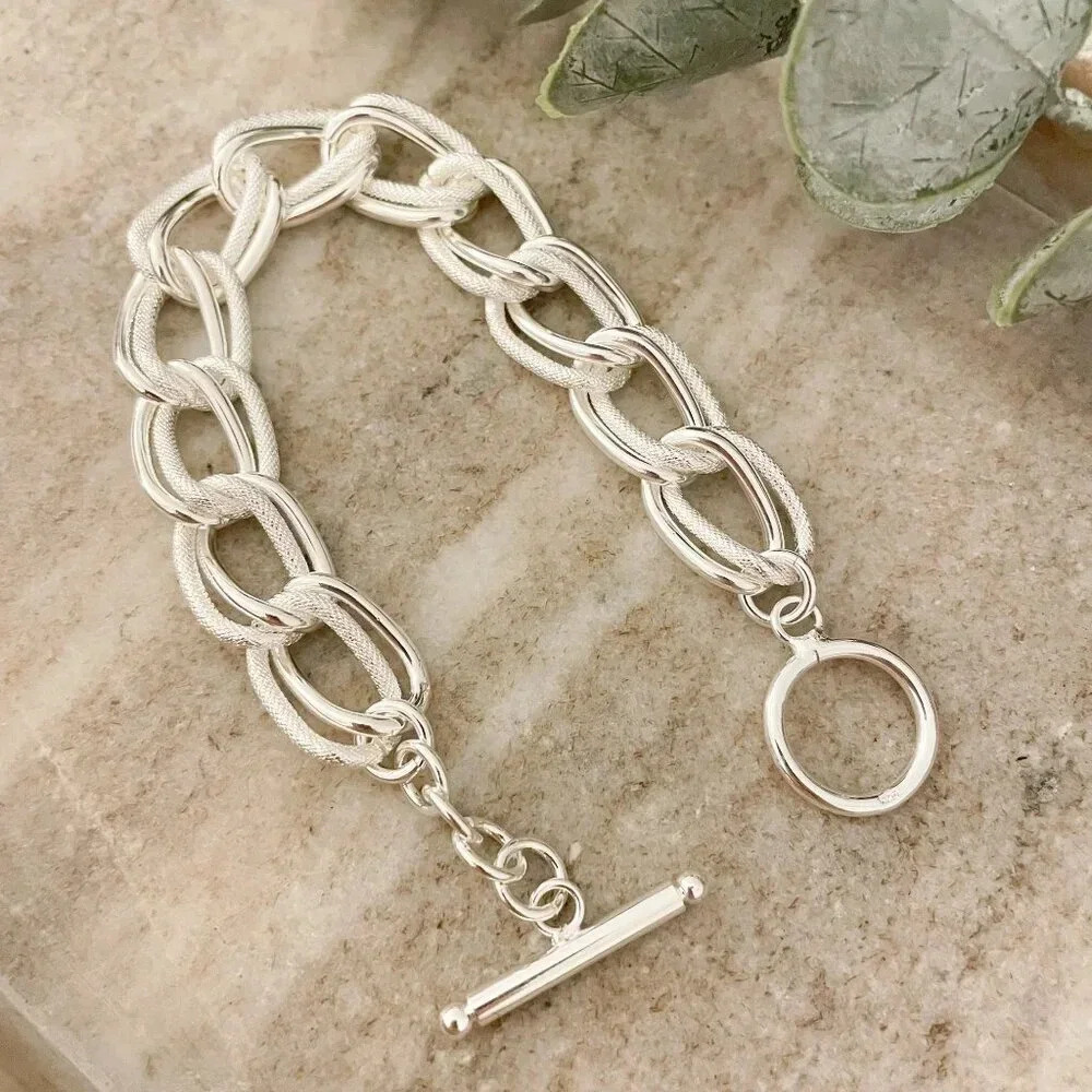 925 Sterling Silver Chunky Chain Link Toggle Bracelet Silver Statement Bracelet - Picture 6 of 8